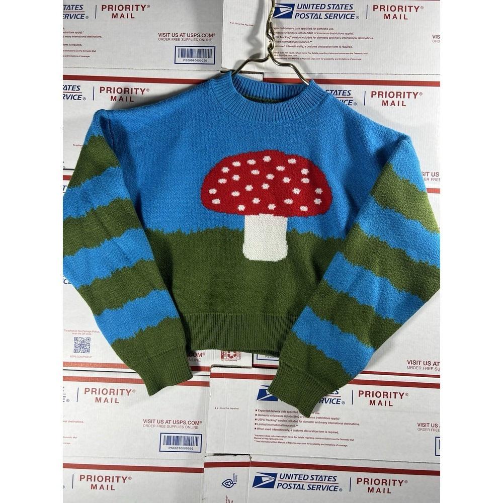 ZARA Women's Mushroom Toadstool Blue Green Striped Knit Sweater Size S No Tag